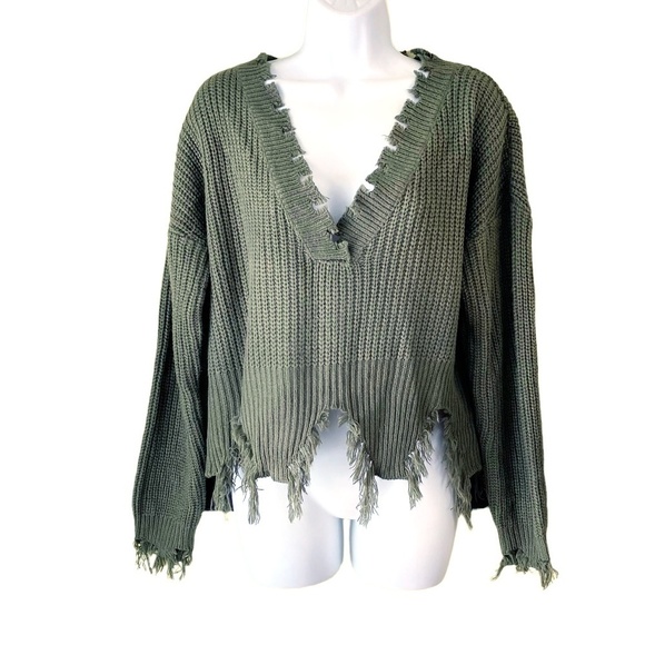 Lu NYC Green Fringe Sweater Army Olive V-Neck‎ Crop - Picture 1 of 8